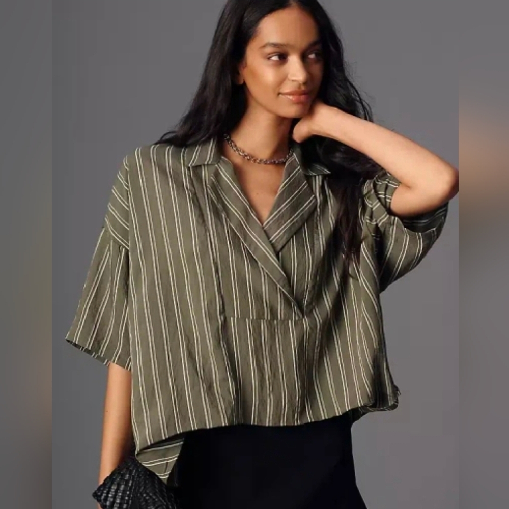 Anthropologie The Dylon Short Sleeve Wide Placket Green Stripe Blouse Oversized